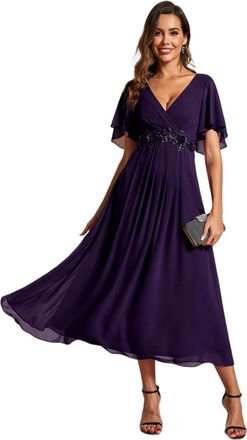 Ever-pretty Womens Embellished Midi Evening Dress Ladies Short Sleeve line with Short Sleeve for Wedding Guest Dress Dark Purple 10UK