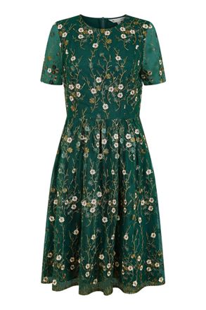 Yumi Green Embroidered Floral Skater Dress 14 Green
