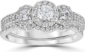 Pompeii3 1.00CT 3-Stone Diamond Engagement Wedding Ring Set 10K White Gold Size Selectable