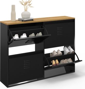 IDMarket Idmarket - Ester Zapatero De Metal Negro De 4 Puertas Para 20 Pares Con Tapa De Madera De Dise&ntilde;o Industrial