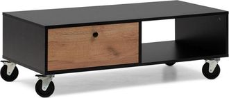 Les Tendances Mesa De Centro 110x55x38 Negro Y Roble, Con Caj&oacute;n, Balda Abierta Y Ruedas Industriales