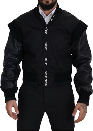 Dolce & Gabbana Zwarte Nylon Bomberjack met Kristalversiering - Heren - Zomerjassen - Zwart - S - Nylon - Jassen