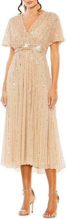 Mac Duggal Empire Waist Embellished Short Sleeve Dress in Taupe at Nordstrom, Size 18