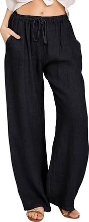 Generic Womens Linen Trousers UK Casual Summer Beach Trousers with Drawstring Elasticated Waist Long Pants Straight Wide Leg Lounge Pants High Waisted Lightwe