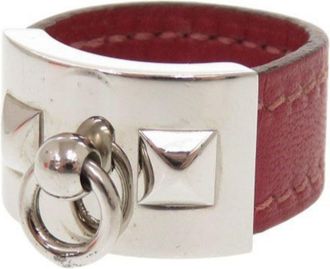 Herm&egrave;s Silver Red Color Leather Metal Band Ring (Pre-Owned)