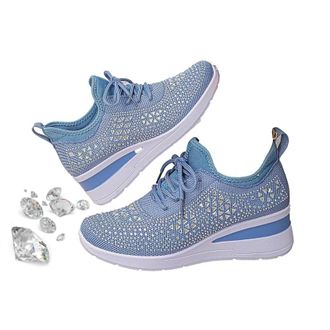 Generic Womens Glittery Rhinestone Fashion Breathable Wedge Sneakers, Sparkly Bling Wedding Dressy Tennis Shoes for Bride, Orthopedic Wedge Sneakers (Blue,8.5