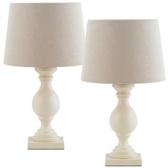 Loops 2 PACK Classic Wooden Table Lamp Ivory & Off-White Shade Pretty Bedside Light in White