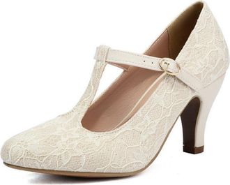 Generic Womens Lace Vintage Style Heels- Round Toe Chunky Heel,T-Strap for Party and Formal Events,Beige,6.5 UK