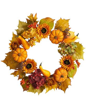 Nearly Natural 22In Autumn Hydrangea, Pumpkin & Sunflower Artificial Wreath