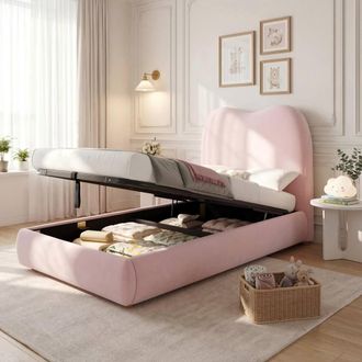 Merax 3ft Single Velvet Upholstered Ottoman Storage Bed in Pink