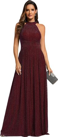 Ever-pretty Prom Dress Halter Neck Pleated Glittery Formal Evening Dress with Empire Waist Burgundy 16UK