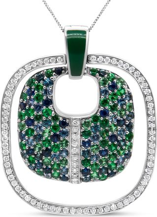 House of Brilliance 925 Sterling Silver Green Enamel Pendant with 1/2 Cttw Diamond, Sapphire, and Tsavorite Openwork Statement 18 Pendant Necklace