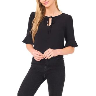 CeCe by Cynthia Steffe Blouse Top Womens Rich Black Stretch Split Tie Neck Ruffle Cuff GBO3847