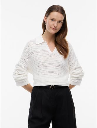 Tommy Hilfiger Womens Relaxed Fit Crochet Sweater Polo - Ivory Silk - XS