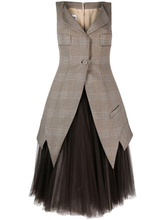 Moschino Glen plaid tulle-underlayer midi dress - women - Polyester/Elastane/Virgin Wool/Polyamide/Cupro/Acetate - 42 - Brown