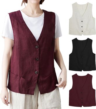 Generic HUIFUAO Blazers for Women Tweed Cotton and Linen Dressy Suit Vest V Neck Sleeveless Waistcoat Work Business Suit Jackets Lightweight Cardigans Coats (