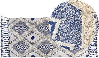 Beliani Alfombra De Algod&oacute;n Beige Claro Azul 80 X 200 Cm A Mano Geom&eacute;trico Borlas Manavgat