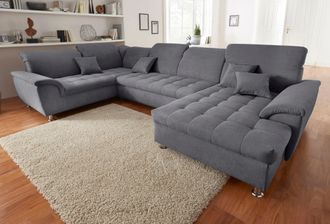 Domo Collection Wohnlandschaft »Franzi optional mit Bettfunktion, Bettkasten & Kopfteilverstellung« XXL-Sofa, U-Form, Recamiere rechts, dunkelgrau, B/T: 352/214 cm