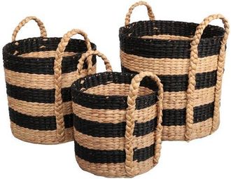 Happimess Stripe Handwoven Water Hyacinth Nesting Storage Baskets with Handles in Black/natural at Nordstrom
