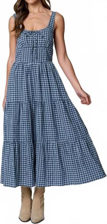 Blu Pepper Plaid Front Tie Corset Detail Midi Dress In Navy