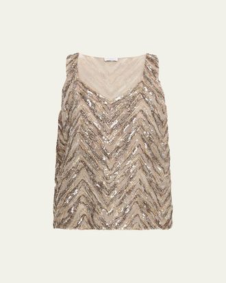 Brunello Cucinelli Bead & Sequin Silk Crepe Tank
