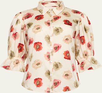 Cinq &agrave; Sept Floating Poppies Puff-Sleeve Silk Shirt