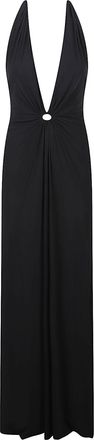 Amazu&igrave;n Long Deep Black Dress with Plunging Neckline