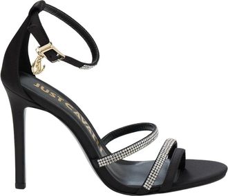 Just Cavalli Zwarte Swarovski Sandalen met Gouden Logo - Dames - Sandalen met hakken - Zwart - 37 EU - Satijn - Schoenen