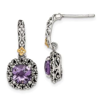 Diamond2Deal Sterling Silver 14K Accent Antiqued Cushion Amethyst Dangle Earrings