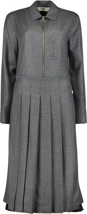Fendi Wollen Geplooide Lange Jas - Dames - Casual kleedjes - Grijs - XS - Wol - Kleedjes