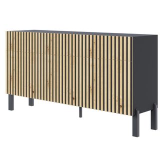Selsey Telire - Aparador De 3 Puertas Con Tres Cajones Y Frente Con Lamas, 154 Cm - Negro / Roble Artisan - Selsey