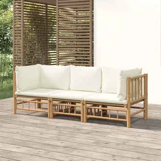 vidaXL Set De Muebles De Jard&iacute;n 3 Piezas Bamb&uacute; Y Cojines Blanco Crema Vidaxl