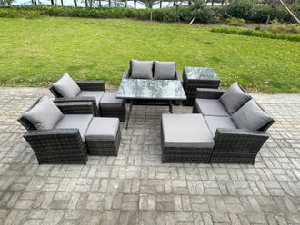 Fimous Garden Furniture Sets 9 Pieces Wicker Rattan Furniture Manual Wicker Patio Sofa Patio Conversation Set with 3 Footstools in Dark Grey