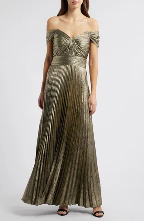 Tahari by ASL Metallic Off the Shoulder Pleated Gown in Gold at Nordstrom, Size 16