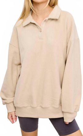 Mimosa Teddy Velour Buttoned Collar Pullover Knit Sweater In Beige