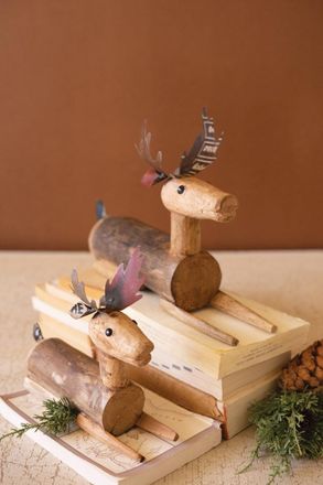 Kalalou Set Of Two Metal And Wood Sitting Deer