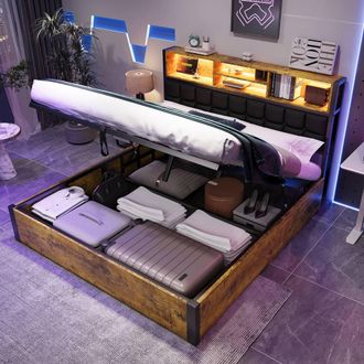 Merax Double Metal Ottoman Bed Frame with LED Storage Headboard & USB Ports in Brown