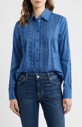 Boden Sienna Embroidered Detail Cotton Button-Up Shirt in Denim Blue at Nordstrom, Size 2