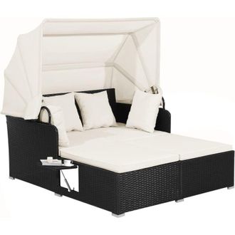 Costway Lettino Prendisole in Rattan, Lettino da Giardino per 2 Persone con Tettuccio Retrattile, Cuscini Spessi, Ideale per Giardino Cortile Portico