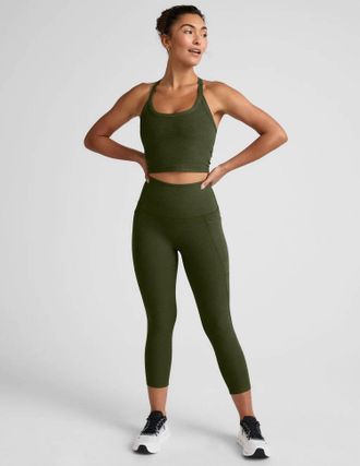 Beyond Yoga Space Dye Out Of Pocket High Waisted Midi Legging In Army Green Heather