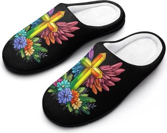 Generic Crosses Flower Colorful Womens Slippers Warm House Slippers Indoor House Shoes with Anti-Skid Rubber Sole