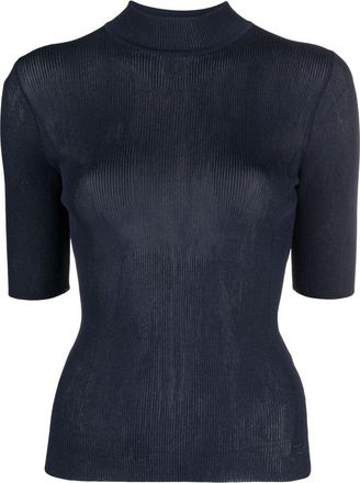 Tory Burch short-sleeve ribbed-knit top - women - Nylon/Viscose - S - Blue