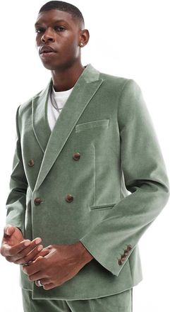 Asos Giacca da abito doppiopetto slim in velluto di cotone verde salvia