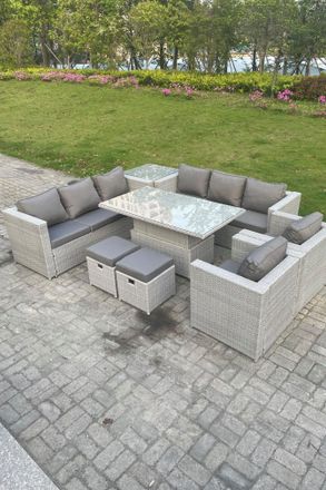 Fimous Rattan Garden Funiture Set Height Adjustable Rising Lifting Table Sofa Dining Set Lounge Chair in Light Grey