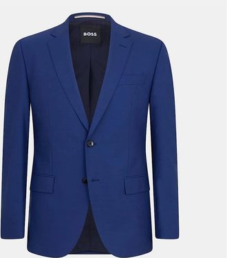 HUGO BOSS Mens Solid Patterned Lapel Collared Suit Jacket with Flap Pocket - Navy - Size: 42/Regular