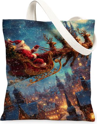Generic Christmas Reindeer Canvas Tote Bags, Vintage Holiday Sleigh Design Reusable Grocery Bags, Festive Lightweight Washable Shou, Red, 13x15 Inch
