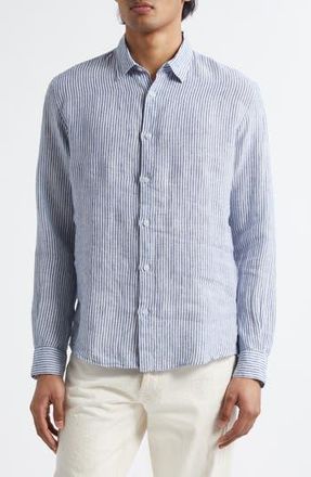 Sunspel Long Sleeve Linen Button-Up Shirt in Navy White Linen Stripe at Nordstrom Rack, Size Small