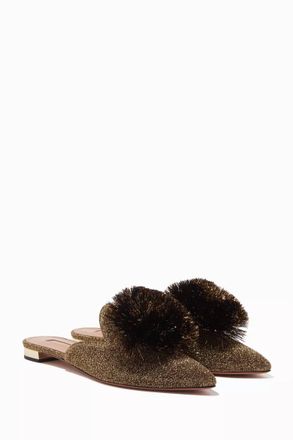 Aquazzura Womens Powder Puff Pom Pom Flat Slides In Gold