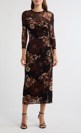 Anne Klein Printed Mesh Midi Dress in Deep Mahogany Multi at Nordstrom, Size X-Large