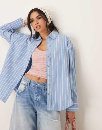 Free People striped varsity oversized shirt in blue